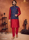 Red And Blue Colour Exclusive Festive Wear Digital Art Silk Printed Kurta Pajama With Jacket Mens Collection 31007